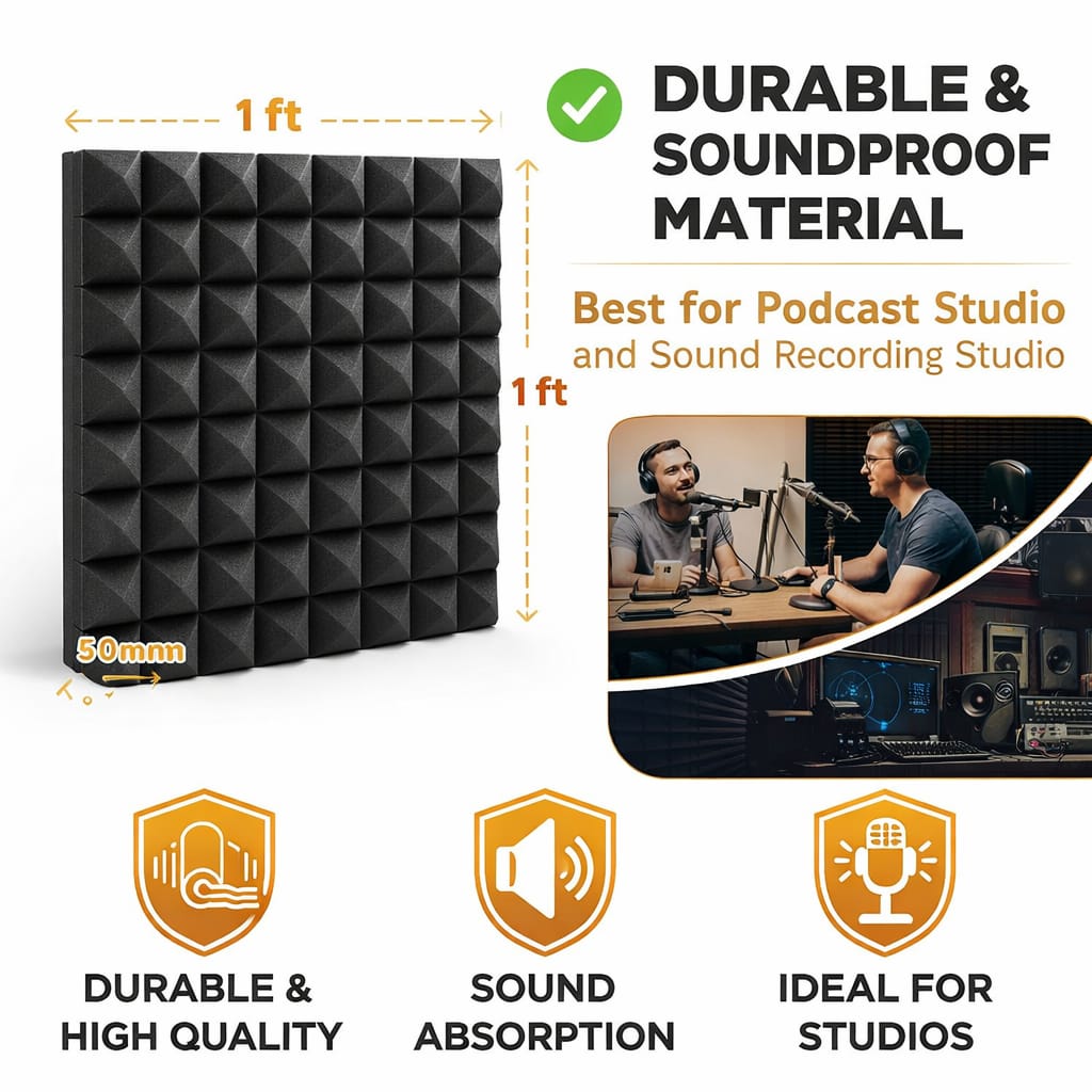 Acoustic Foam Panels – 12 Pieces | 1ft x 1ft | 50mm Thickness | Black