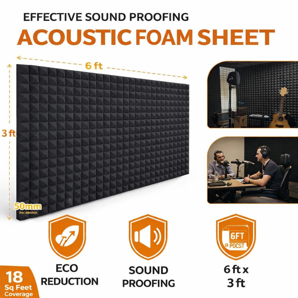 Acoustic Foam Sheet – 18 Sq Ft | 6ft x 3ft | 50mm Thickness | Black