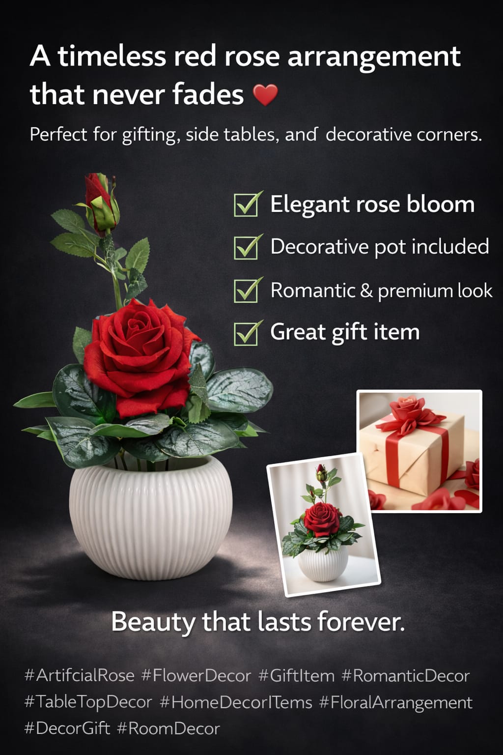 Artificial Rose Flower Pot – Elegant Red Rose Tabletop Décor & Gift Item