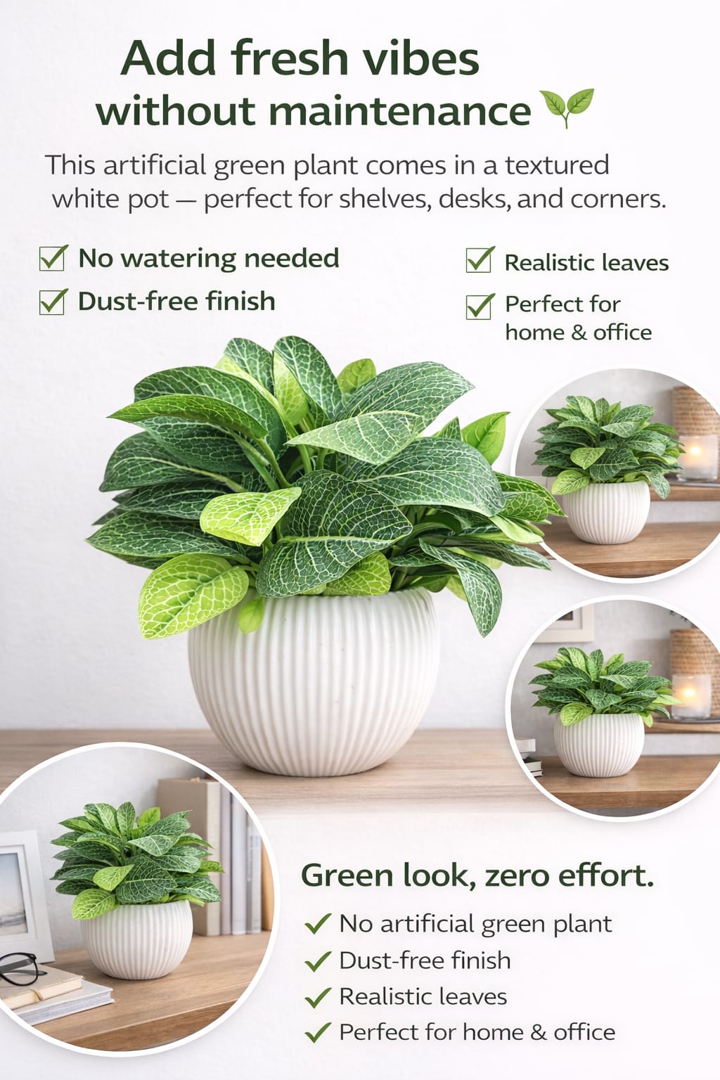 Artificial Green Leaf Plant – White Pot